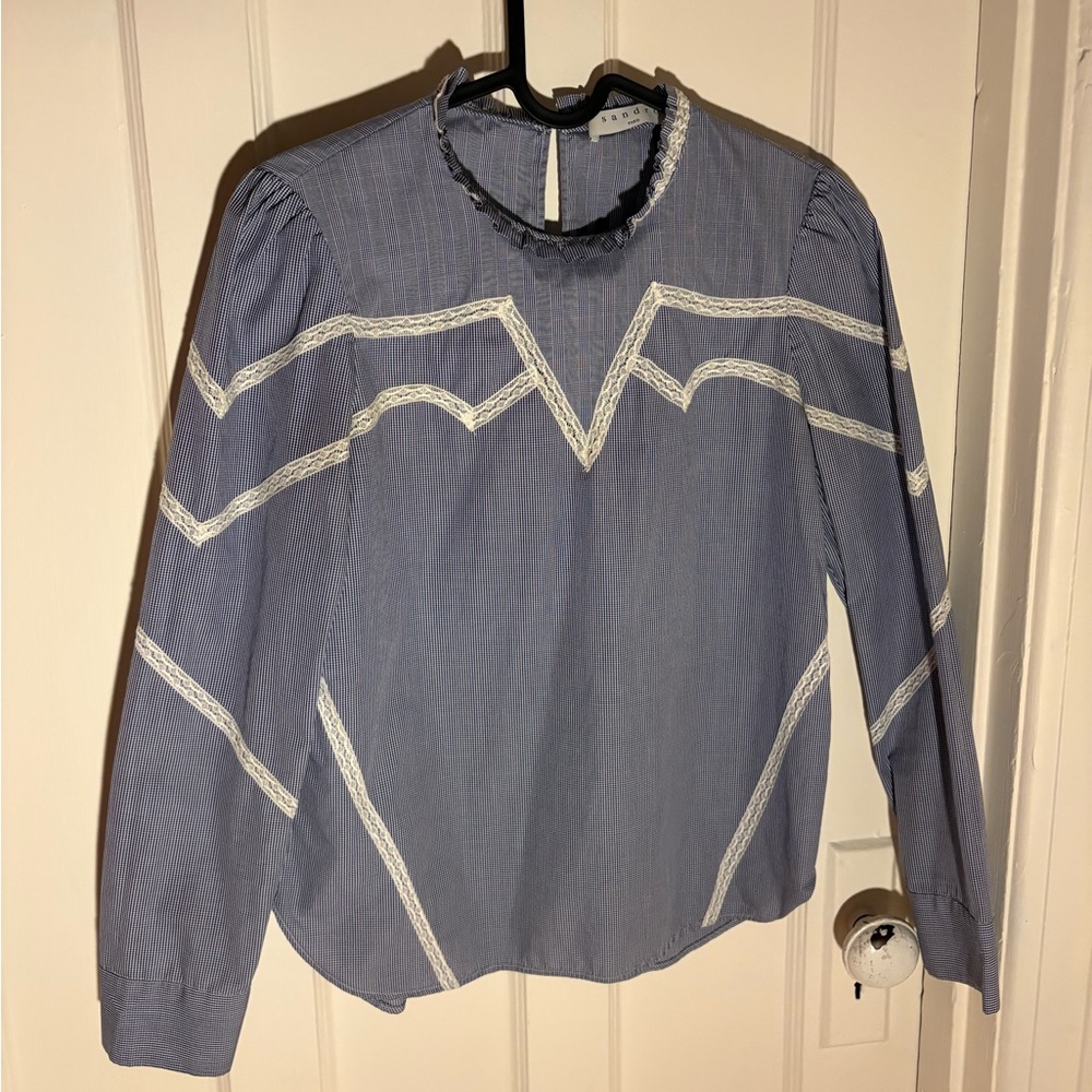 Sandro Blue Blouse with White Lace Accents